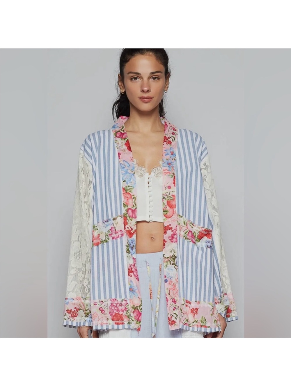 POL Stripe Floral Lace - Open Cardigan Small - Picture 2 of 8